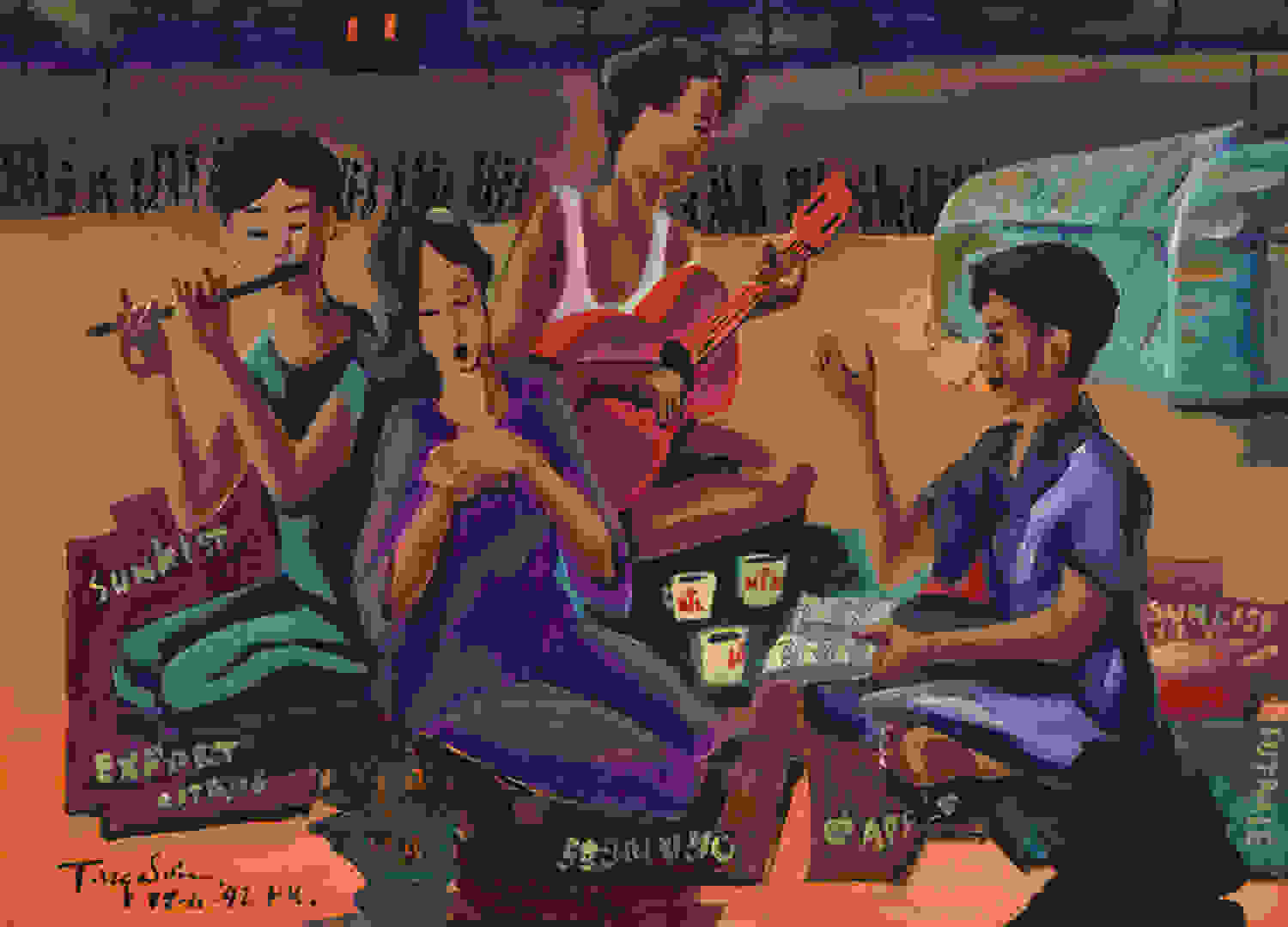 A painting of four women, playing music and socializing